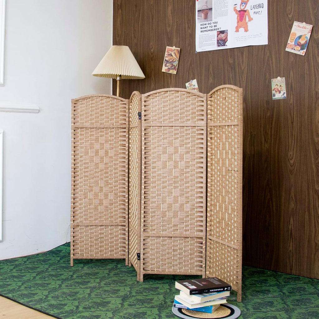 4-Panel Light Brown Rattan Folding Room Divider