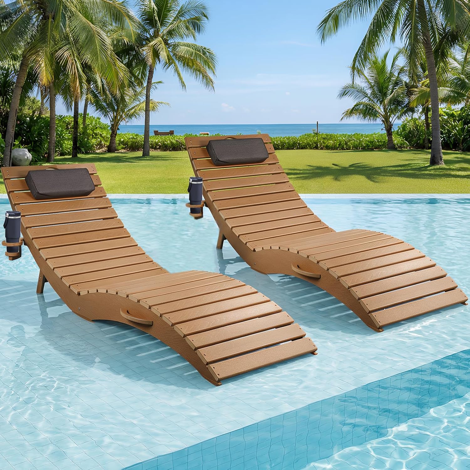 2 Pack Brown HDPE Pool Lounge Chairs