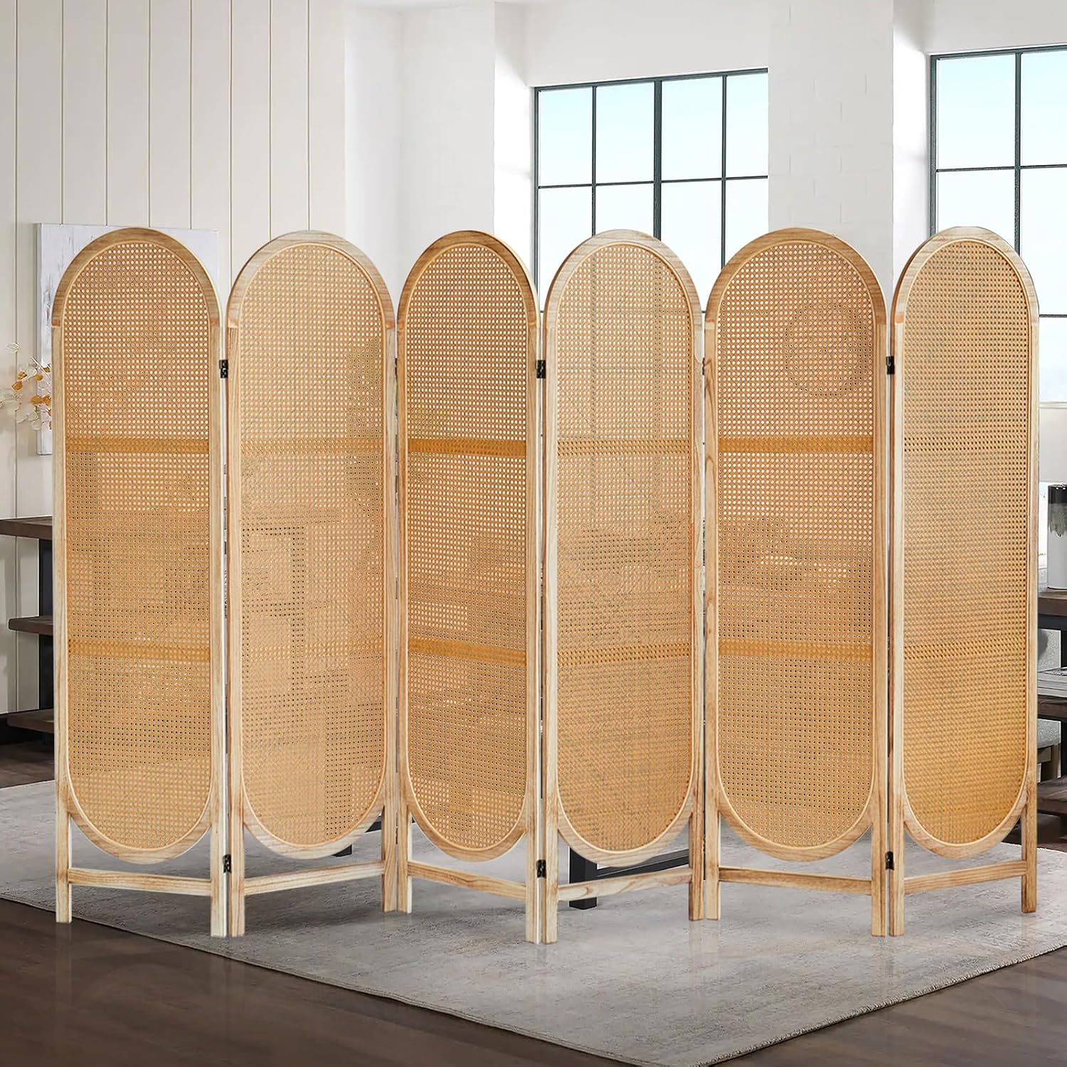 6 Panels Light Brown Rattan Wood Room Divider