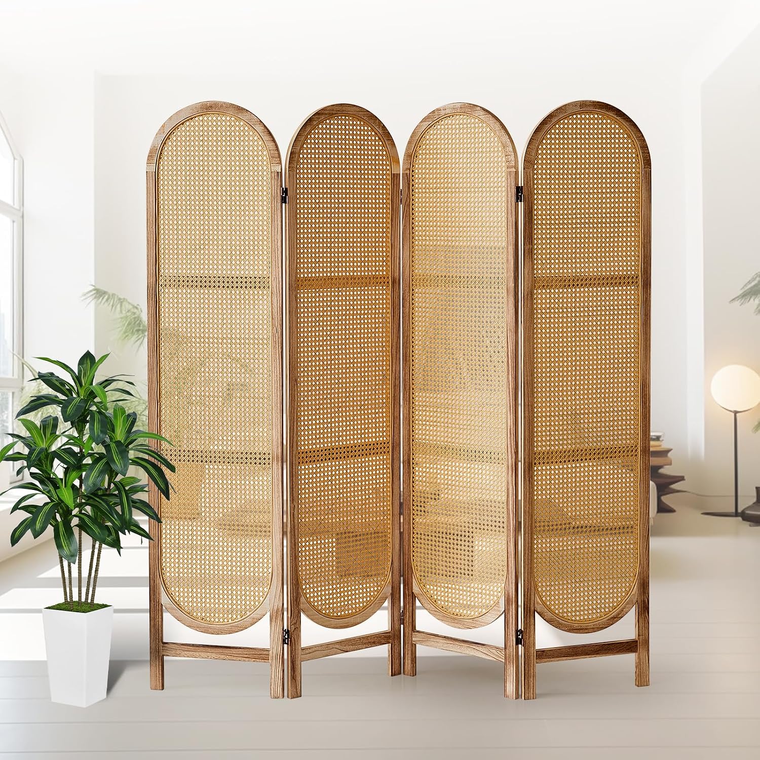 4 Panel Natural Rattan Room Divider