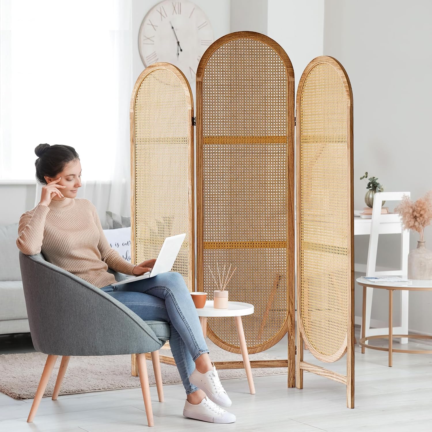 3 Panel Boho Rattan Room Divider