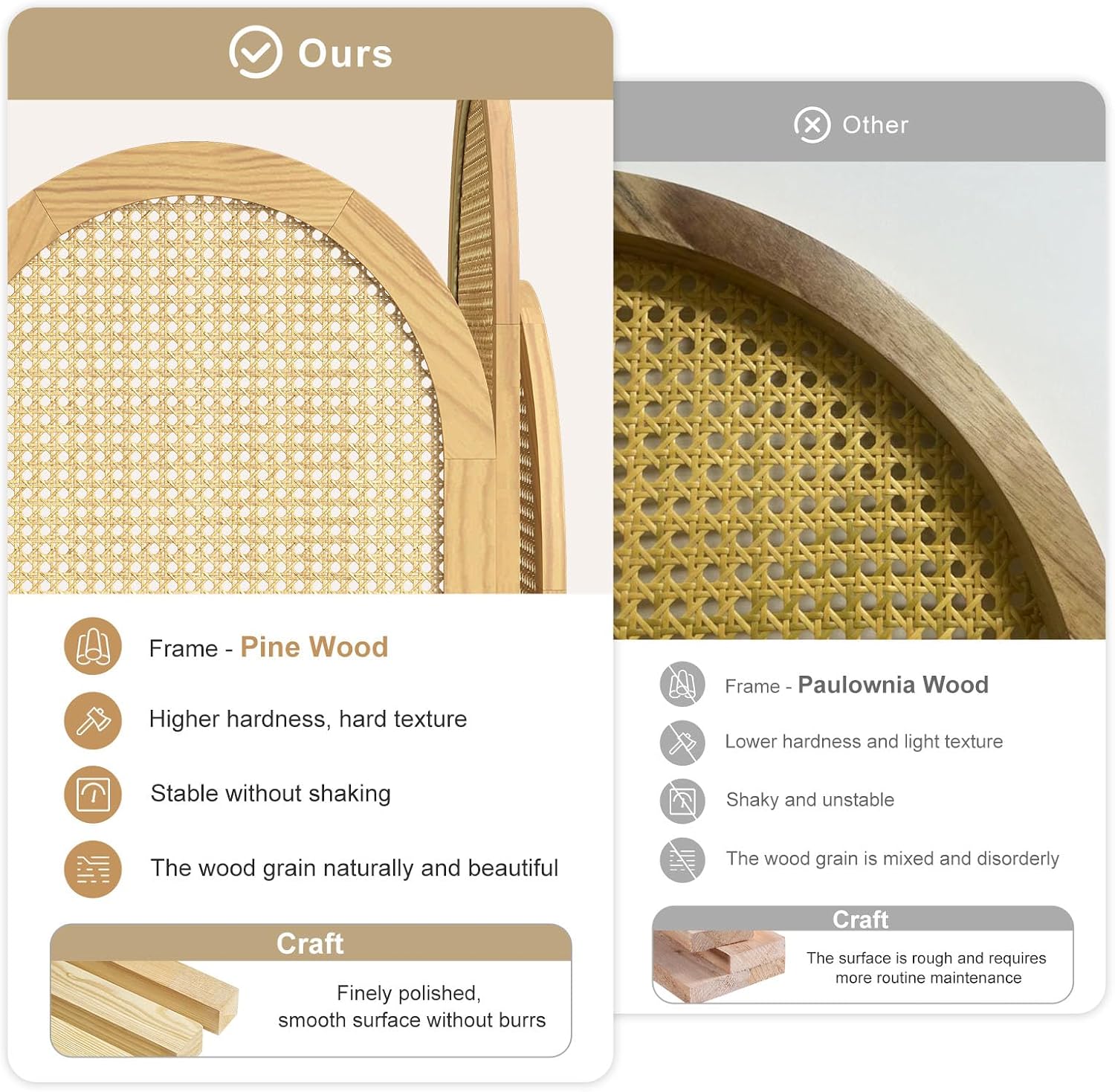 3-Panel Natural-Wave Rattan Room Divider