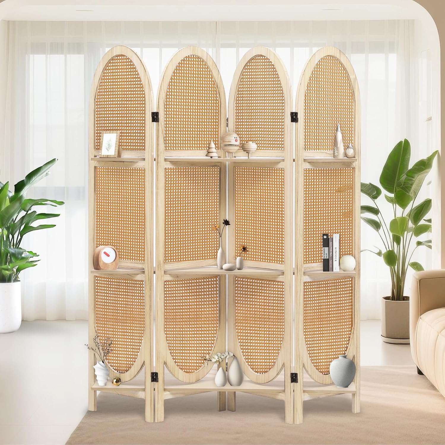 Natural Rattan Room Divider With 3 Display Shelves
