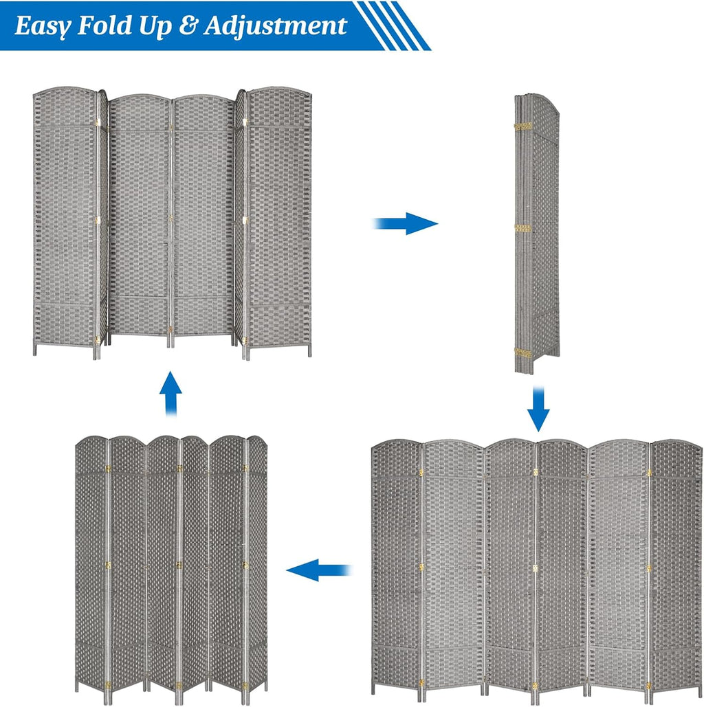 6-Panels Grey Tall Rattan Room Divider