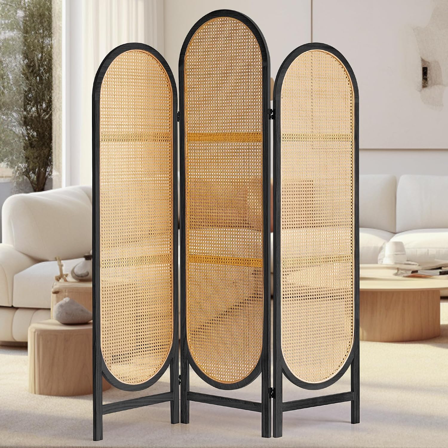 3 Panel Black Hand-Woven Rattan Room Divider