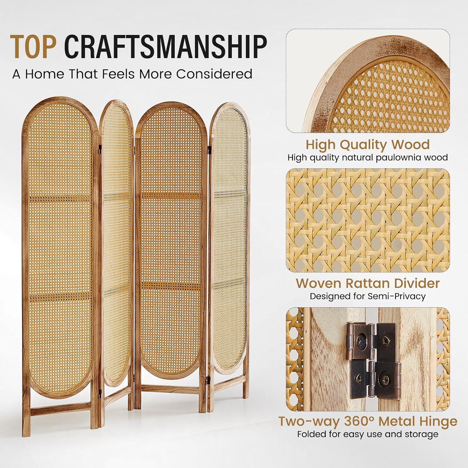 4 Panel Natural Arched Rattan Room Divider