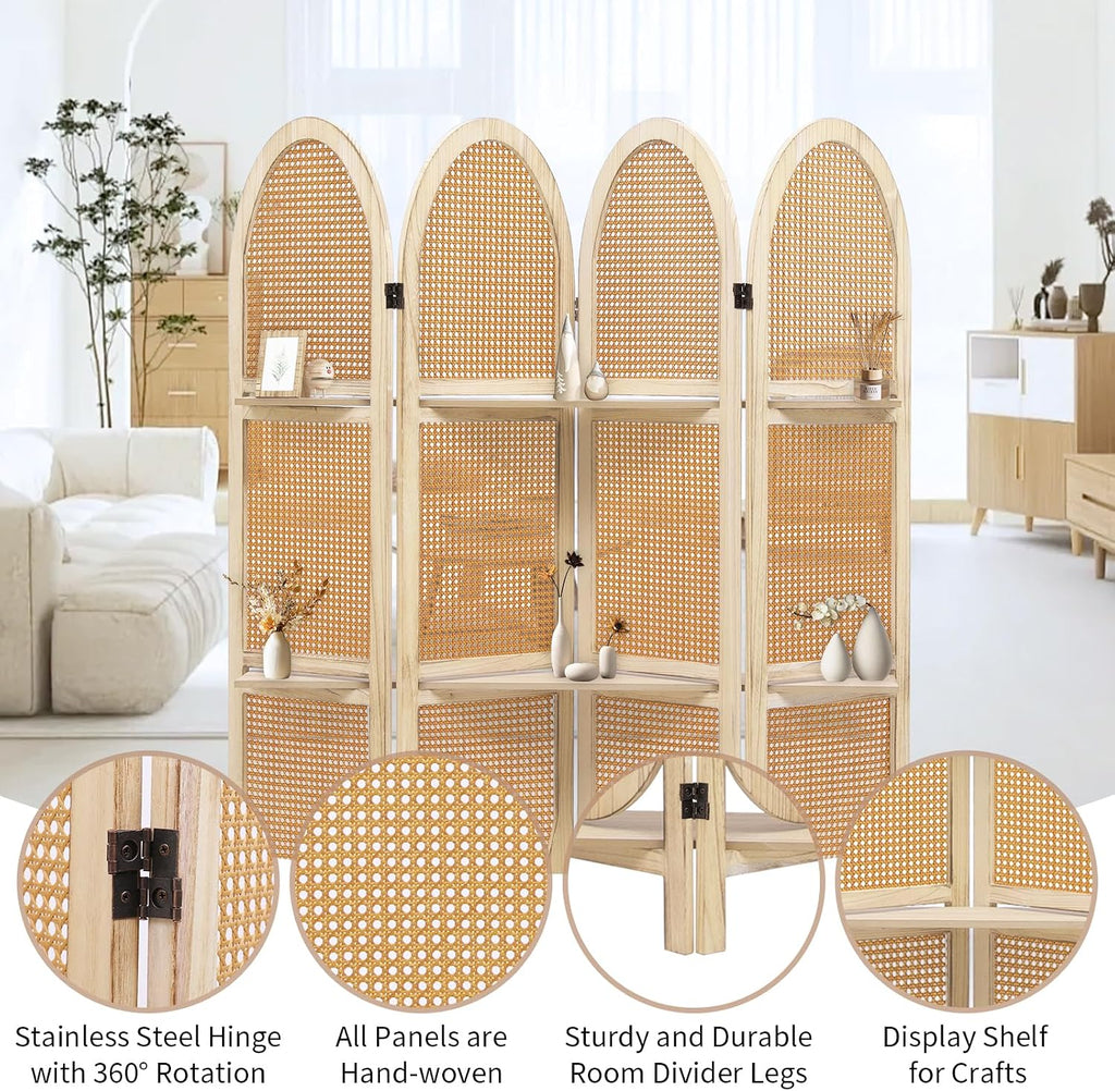 Natural Rattan Room Divider With 3 Display Shelves