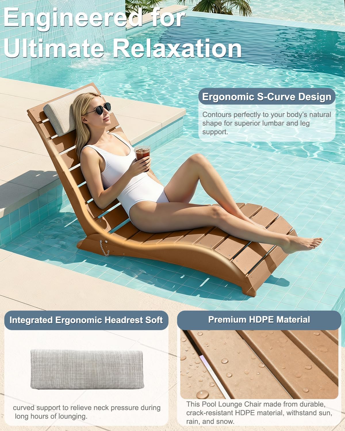 2 Pack Teak HDPE Pool Lounge Chairs