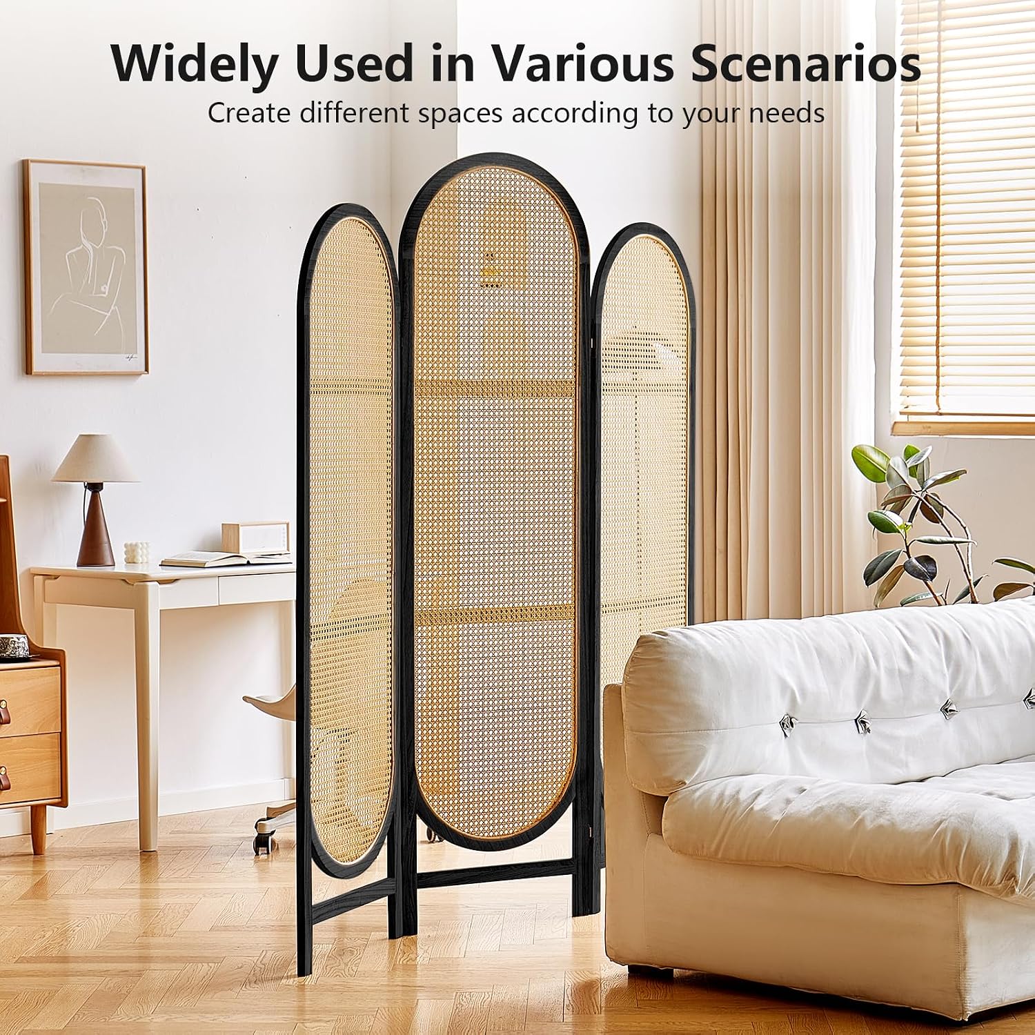 3 Panel Black Hand-Woven Rattan Room Divider