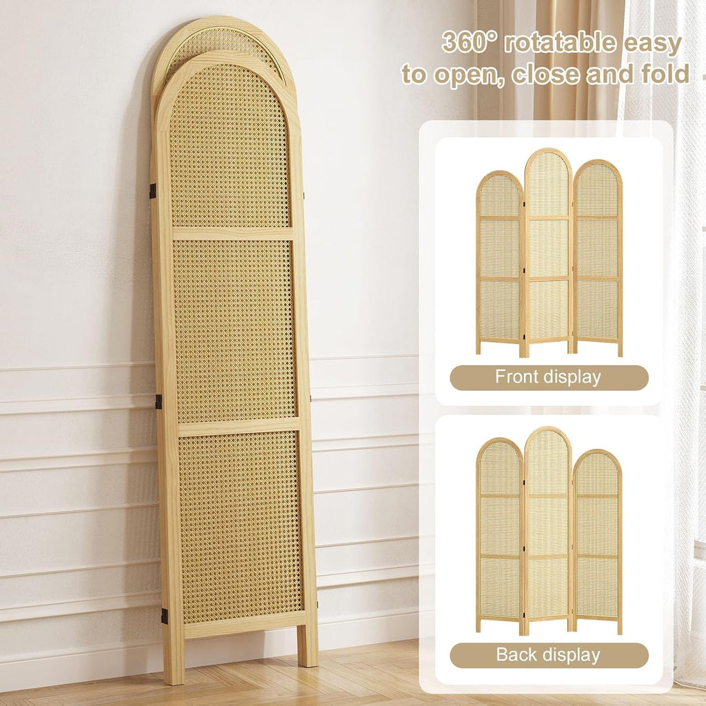 3-Panel Natural-Wave Rattan Room Divider