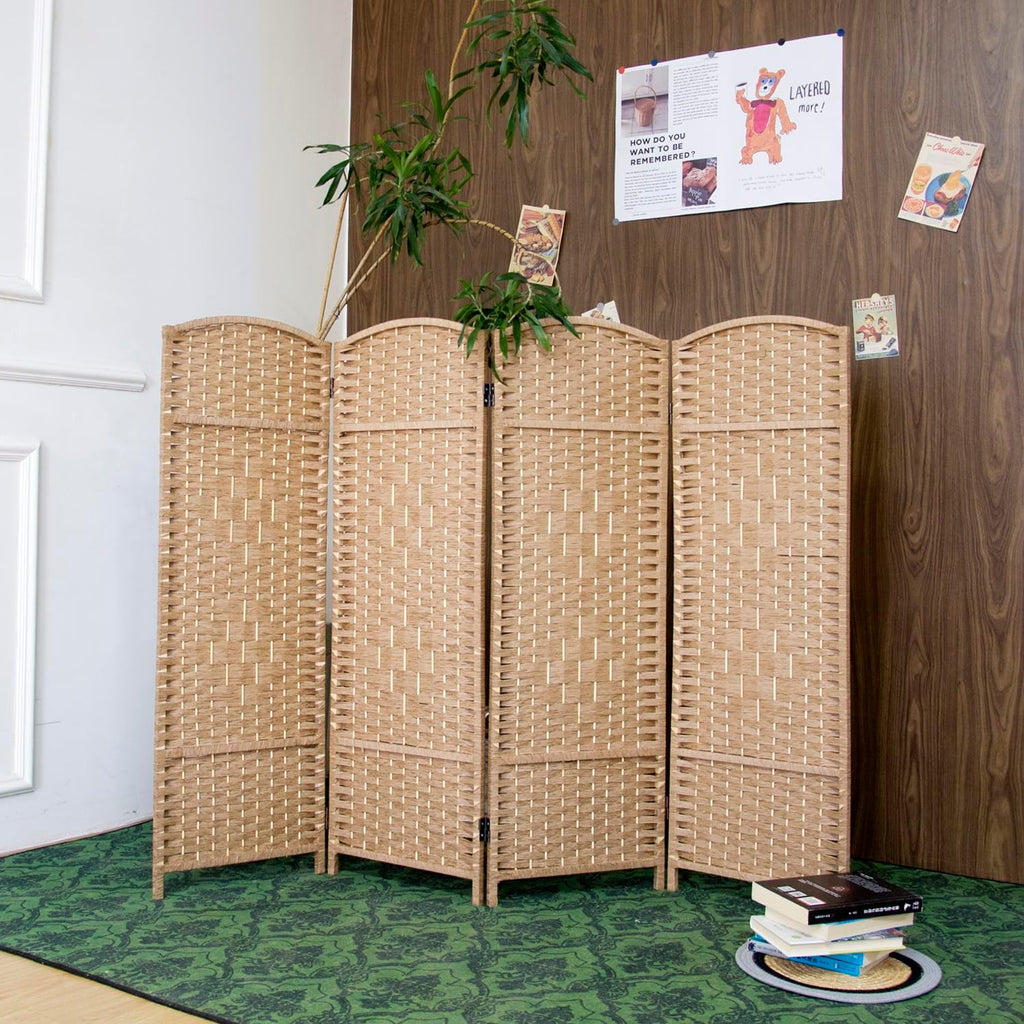 4-Panel Light Brown Rattan Folding Room Divider