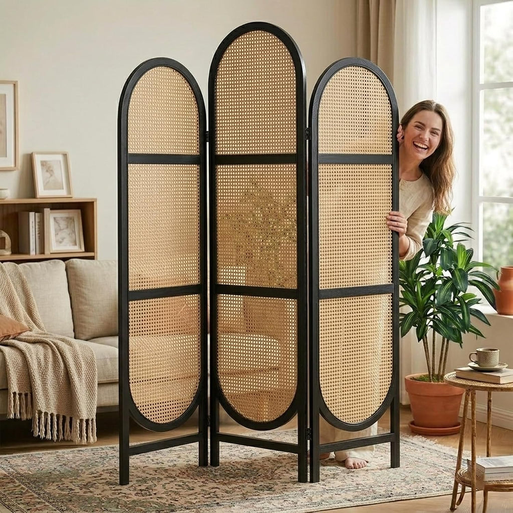 3 Panels Black Hand-Woven Rattan Room Divider