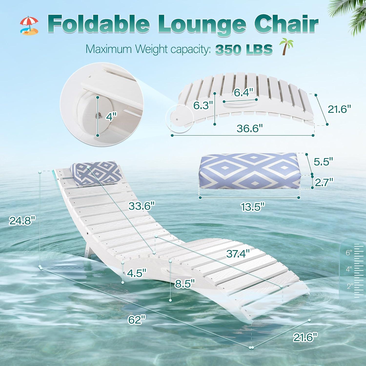 2 Pack White HDPE Pool Lounge Chair