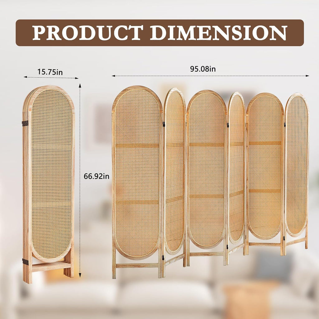 6 Panels Light Brown Rattan Wood Room Divider