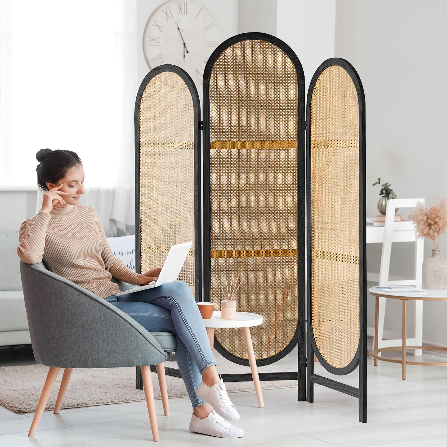 3 Panels Black Hand-Woven Rattan Room Divider