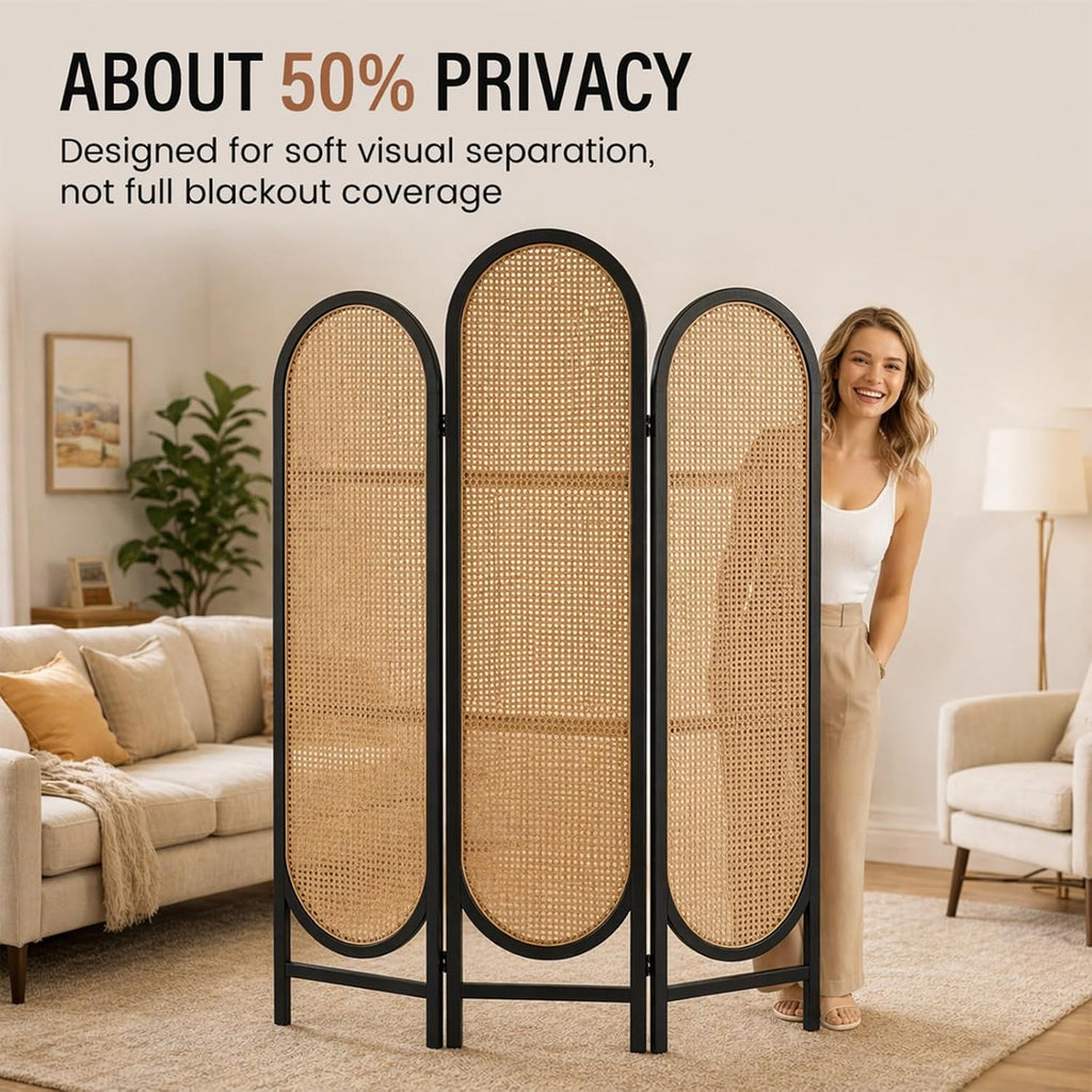 3 Panels Black Hand-Woven Rattan Room Divider