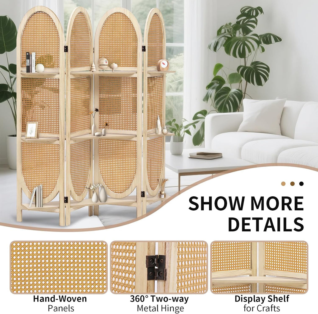 Natural Rattan Room Divider With 3 Display Shelves