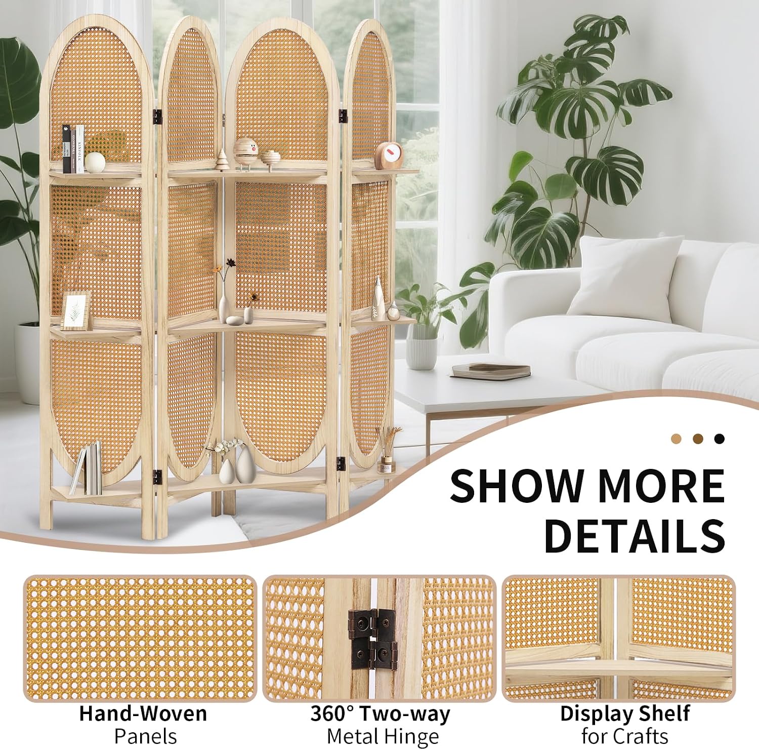 Natural Rattan Room Divider With 3 Display Shelves