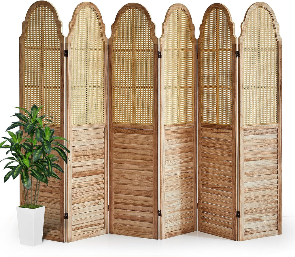 6 Panels Natural Rustic Rattan Room Divider