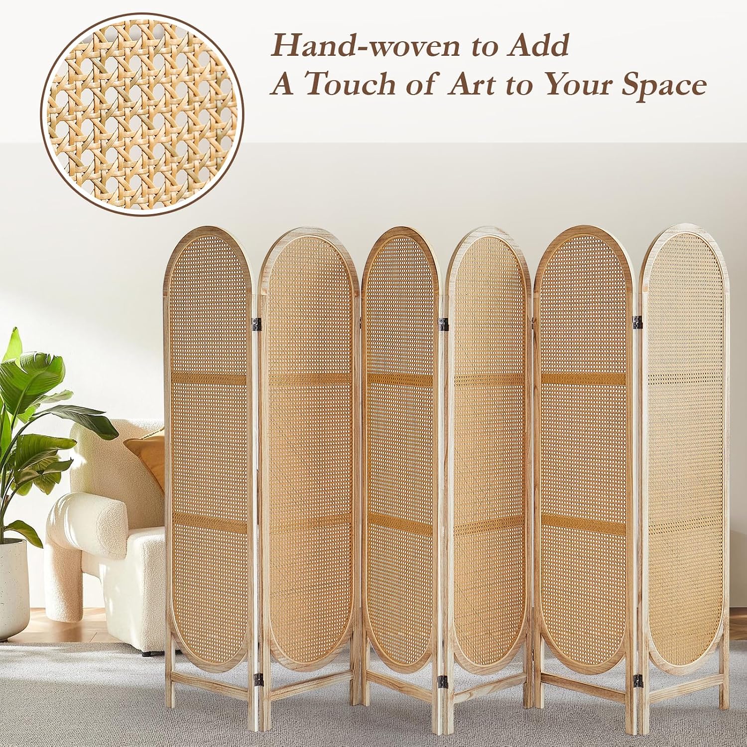 6 Panels Light Brown Rattan Wood Room Divider